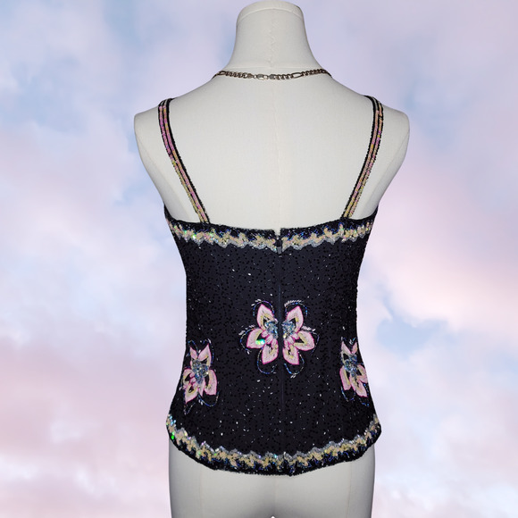 Vtg Y2k Beaded Fairy Formal Floral Black Pink Spaghetti Strap Corset Tank Top - Picture 7 of 9